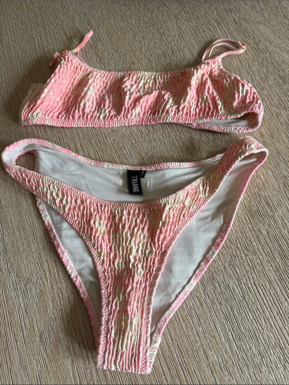 triangl swimwear Pink and Cream Smocked Bikini Set